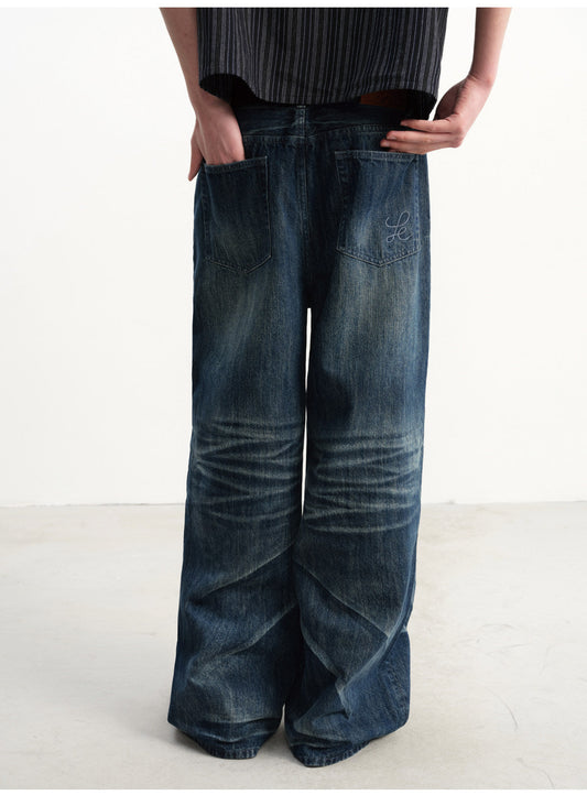 3D Pleated Washed Denim Pants