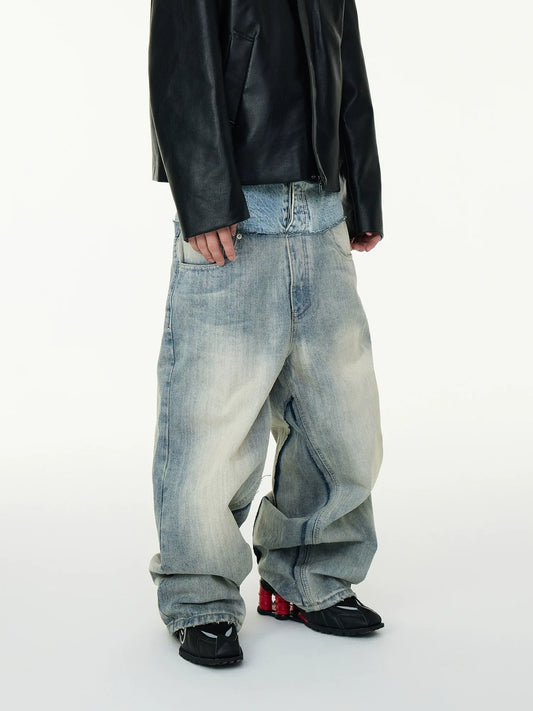 Double Waist Patchwork Fake Layered Fringe Damage Baggy Denim Jeans