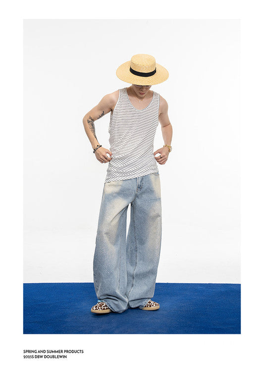 Wash-Finish Wide-Leg Casual Jeans