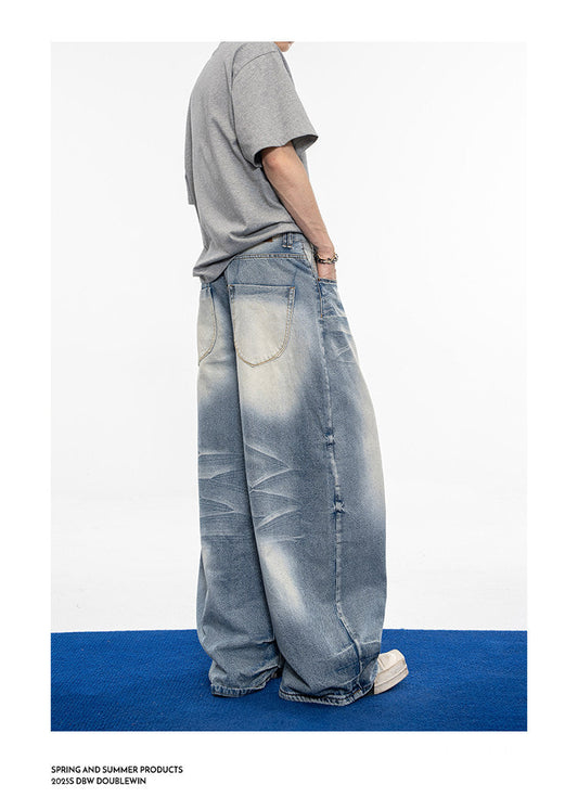 Vintage Distressed 3D Pleated Jeans