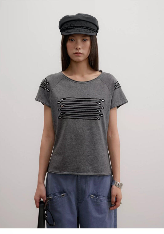 Flocked Embroidery Pattern Raglan T-Shirt