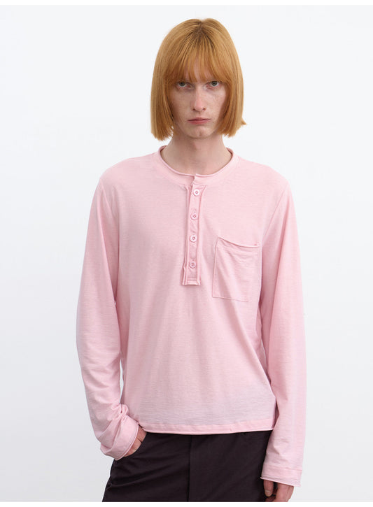 Henry-Collar T-Shirt with Front Pocket Design
