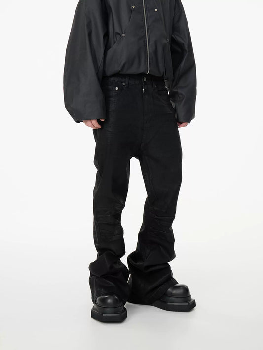 Coated Creased Texture Flare Denim Jeans
