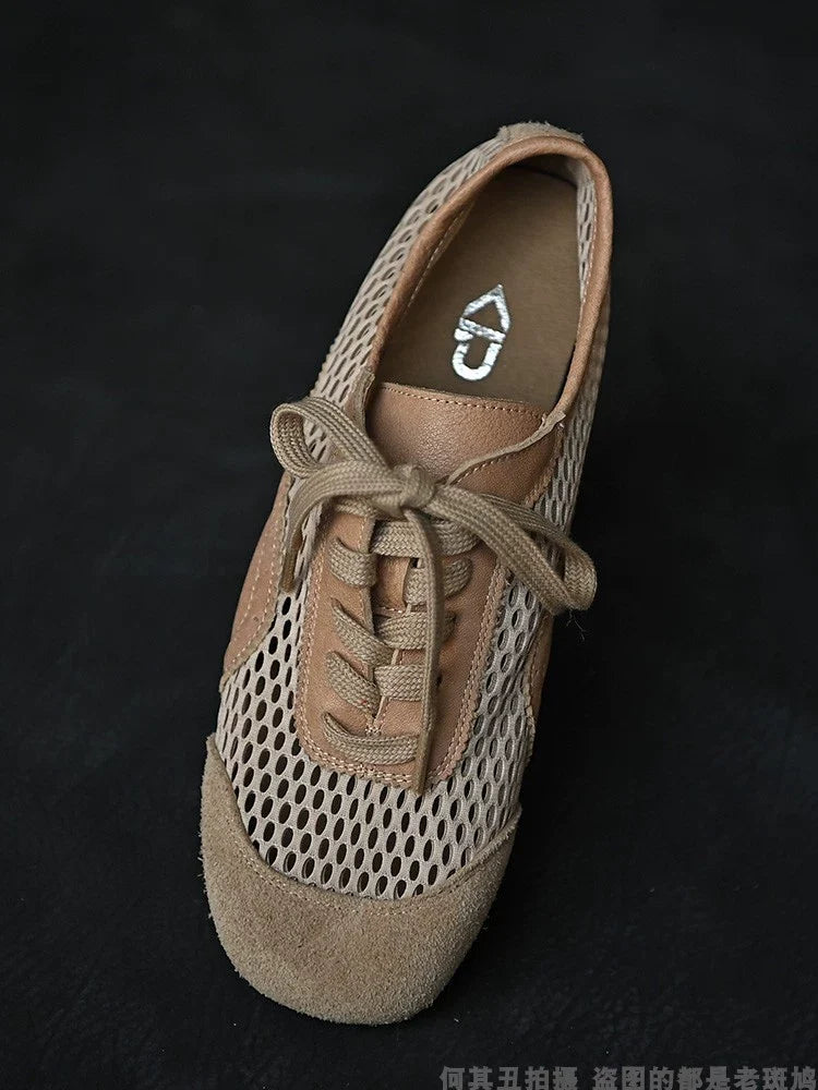 Beige Mesh Suede Lace-Up Sneakers