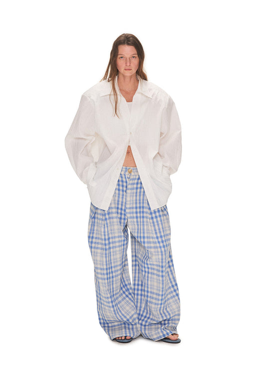 Blue Checkered Pleated Casual Pants