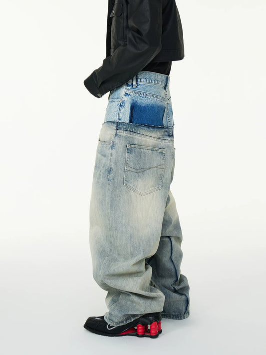 Double Waist Patchwork Fake Layered Fringe Damage Baggy Denim Jeans