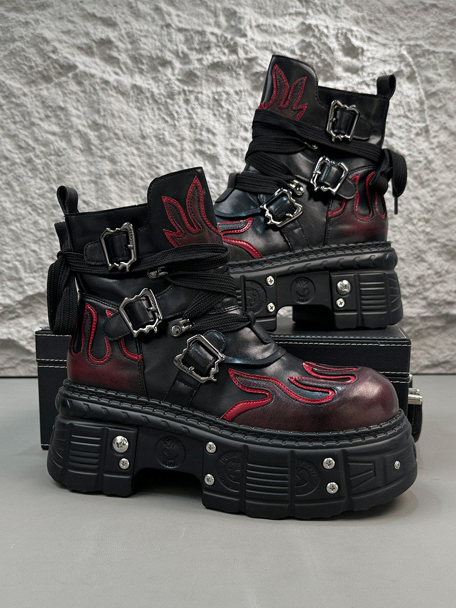 Flame Embroidery Strap Buckle Platform Short Boots