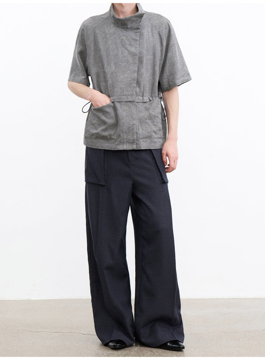 Shirt with a Slanted Collar and Fitted Waist