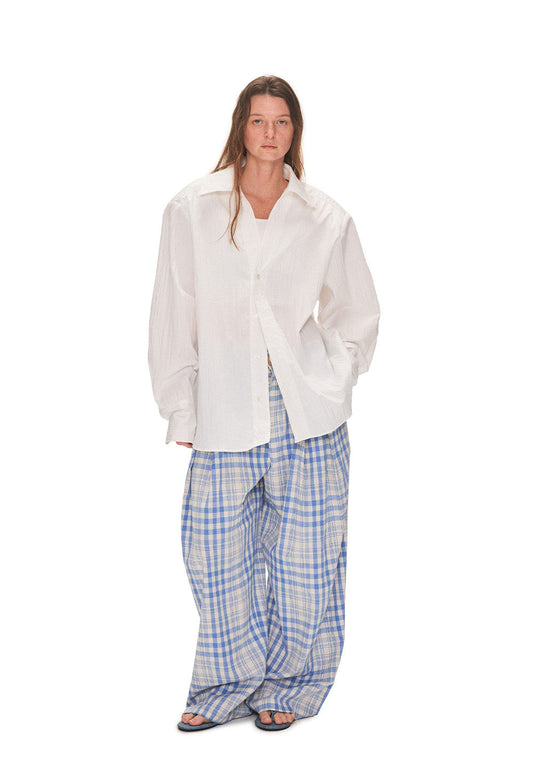 Blue Checkered Pleated Casual Pants