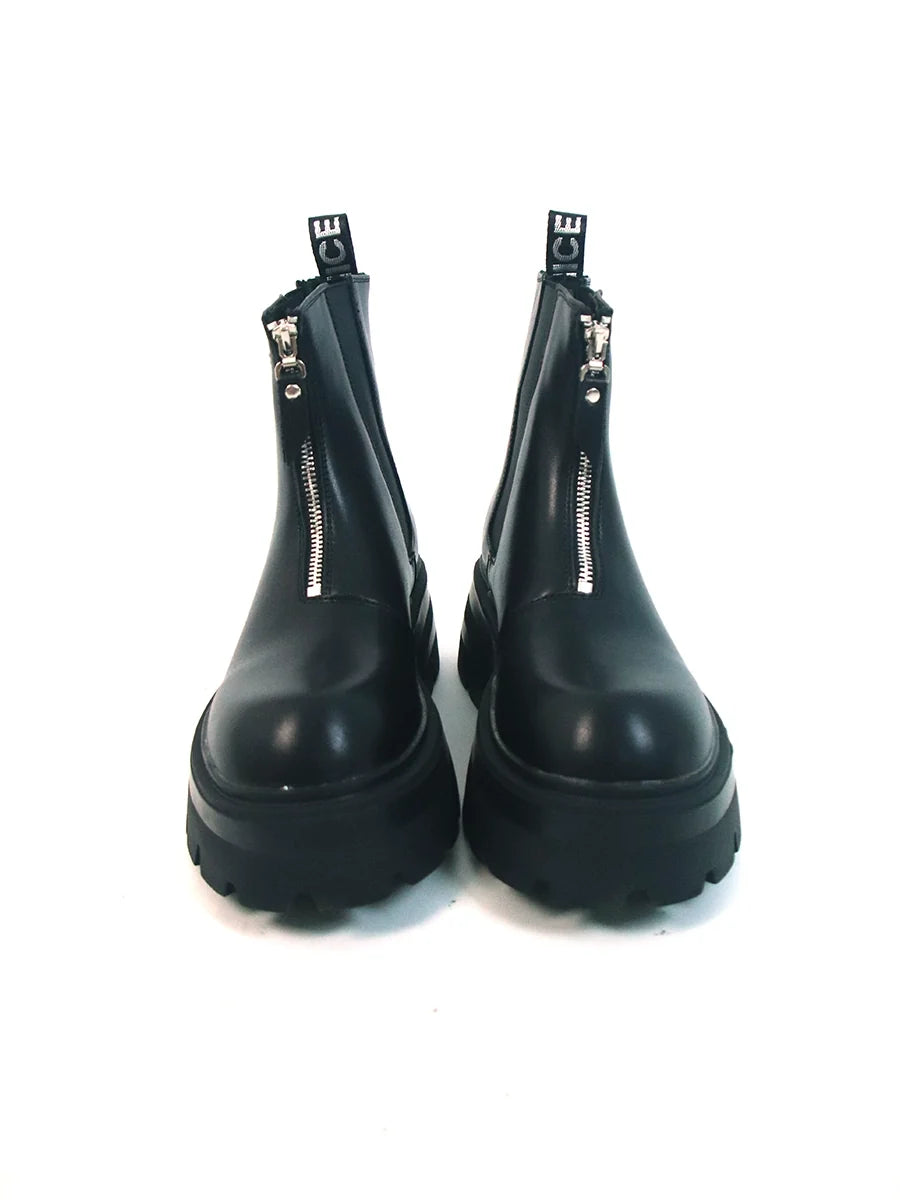 Chunky Sole Leather Zipper Chelsea Boots