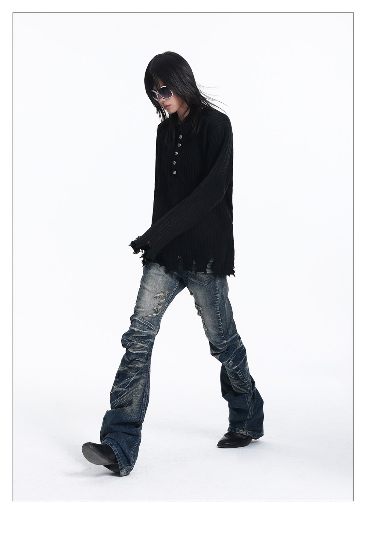 Button-down Crewneck Sweater Loose-fit Top