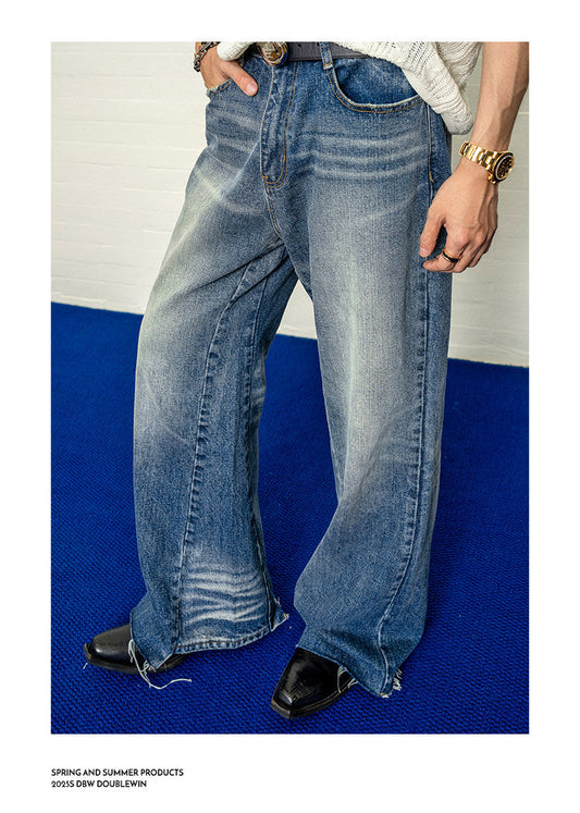 Water-washed micro-ripped jeans