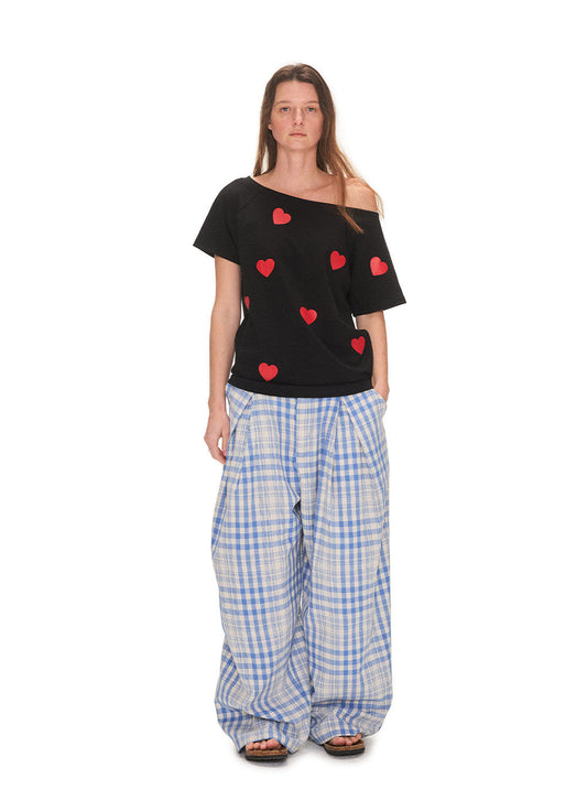 Blue Checkered Pleated Casual Pants