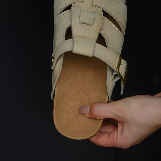Beige Leather Buckle Strap Sandals