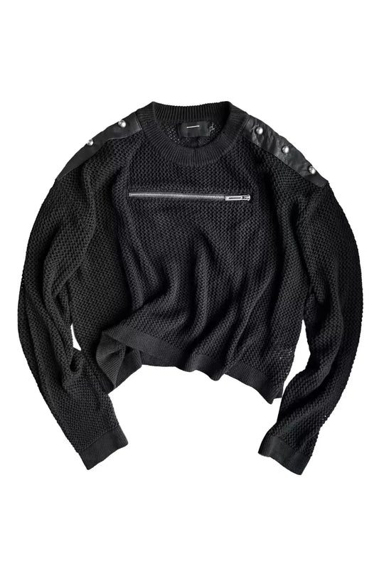 Open Knit Leather Patchwork Metal Zip Sweater