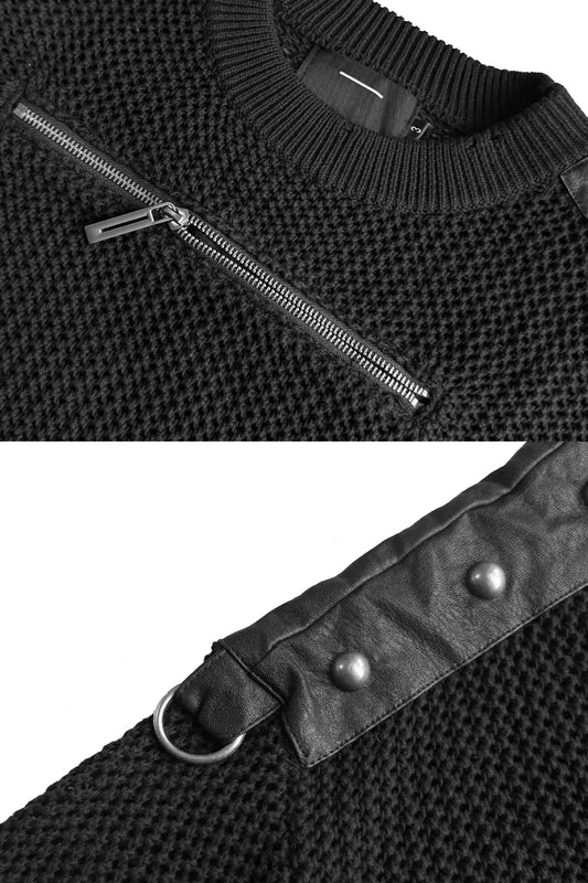 Open Knit Leather Patchwork Metal Zip Sweater