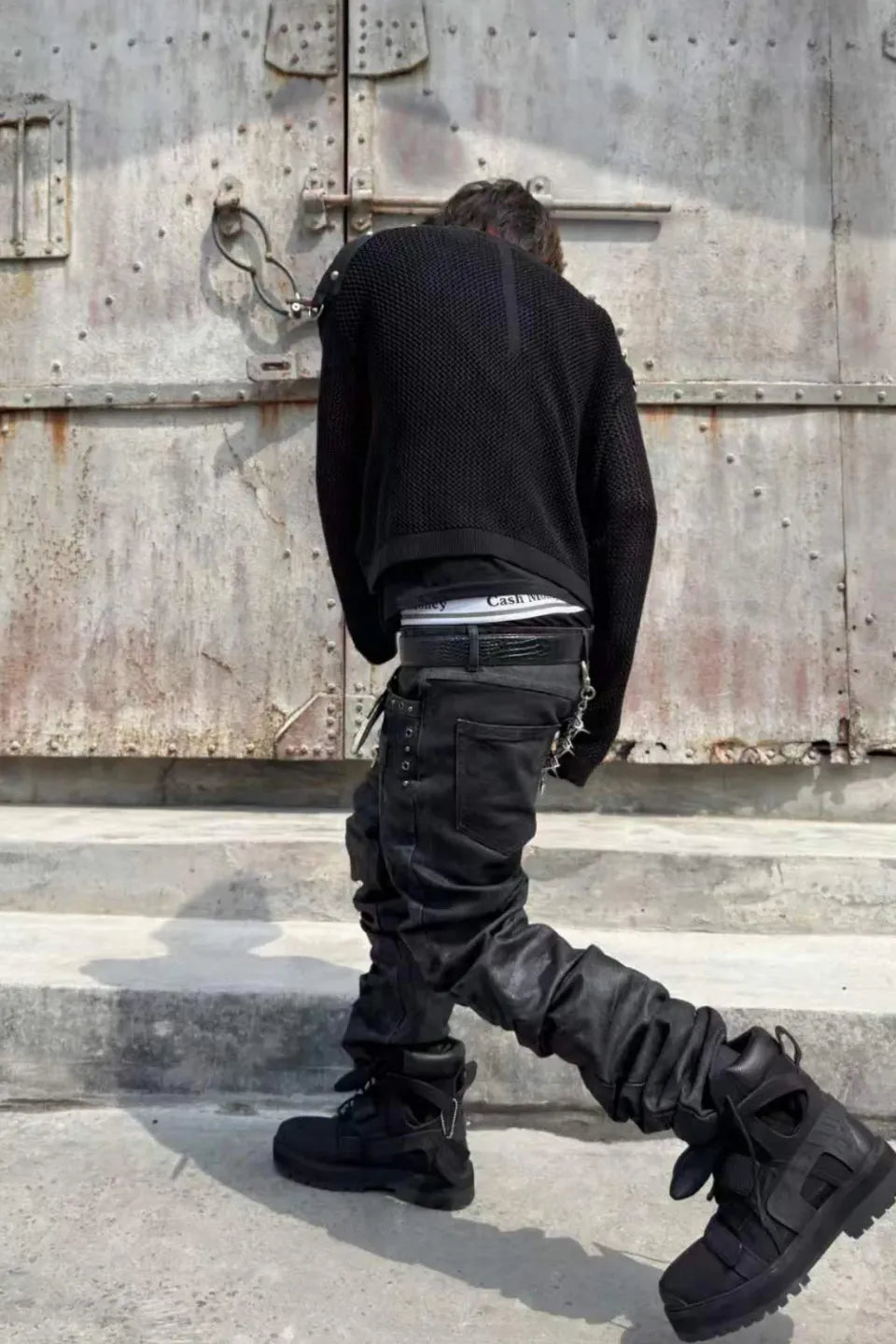 Open Knit Leather Patchwork Metal Zip Sweater
