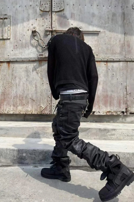 Open Knit Leather Patchwork Metal Zip Sweater
