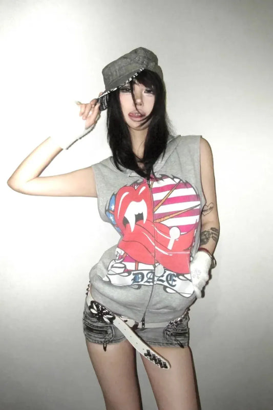 Pierced Tongue Graphic Hooded Vest