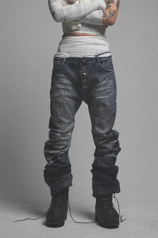 Ripple Cracked Super Long Denim Pants