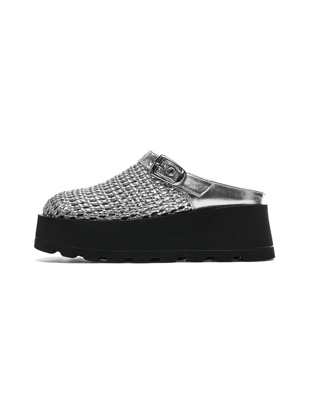 Woven Cut Out Platform Mules-Black