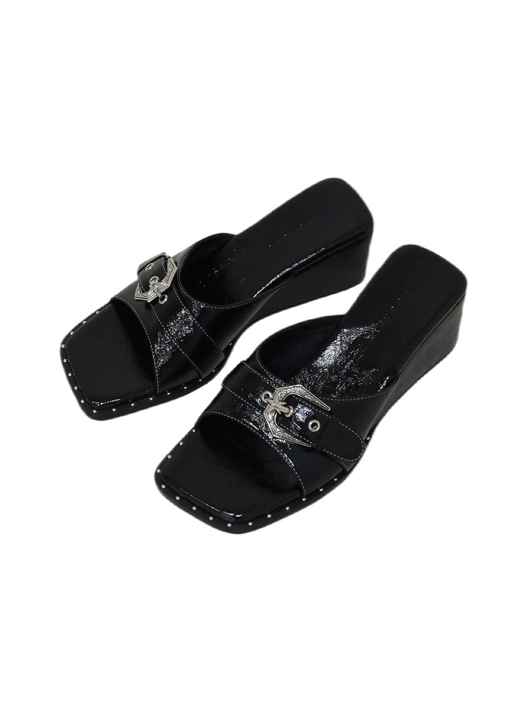 Black Leather Square-Toe Wedge Sandals