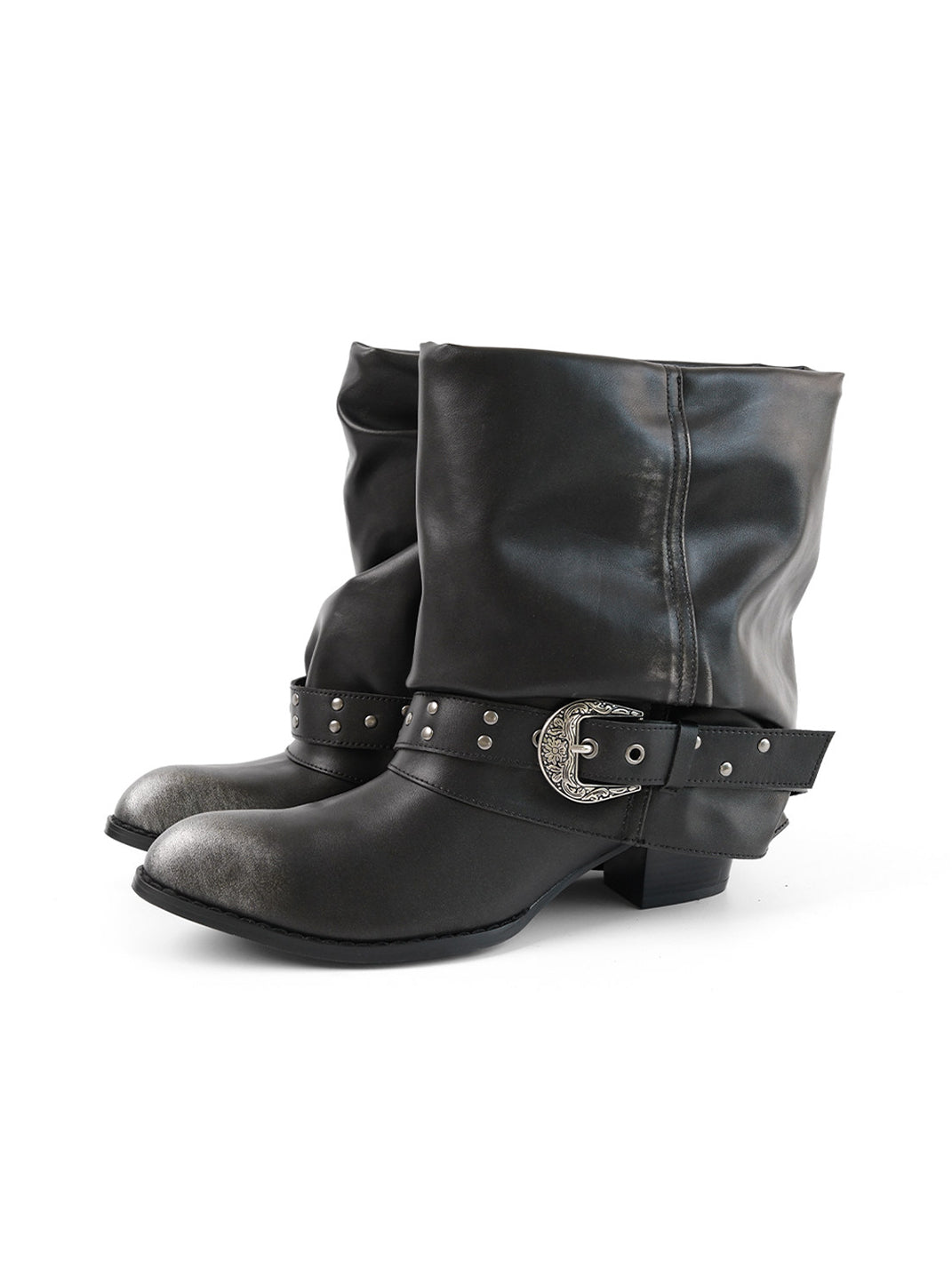 Black Chunky Leather Pointed Ankle Boots