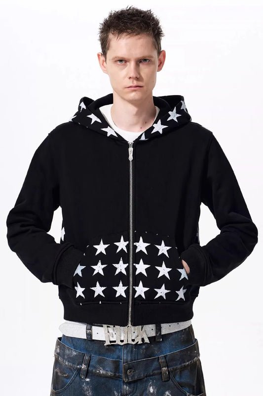 Star Print Zip Up Hoodie