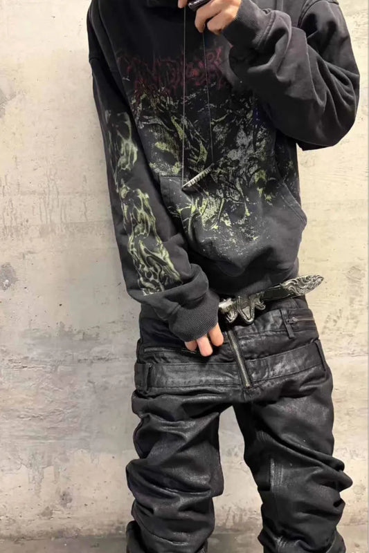 Triple Waistband Coated Hand Painted Jeans