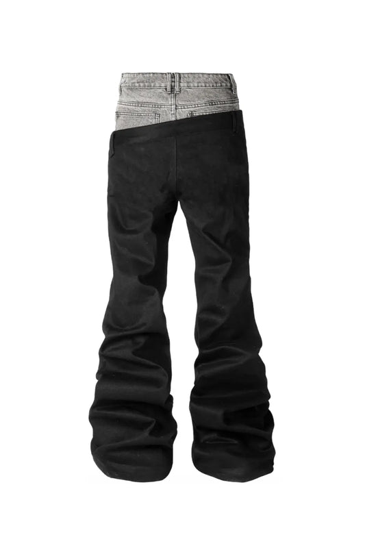 Two Tone Layered Waist Flare Denim