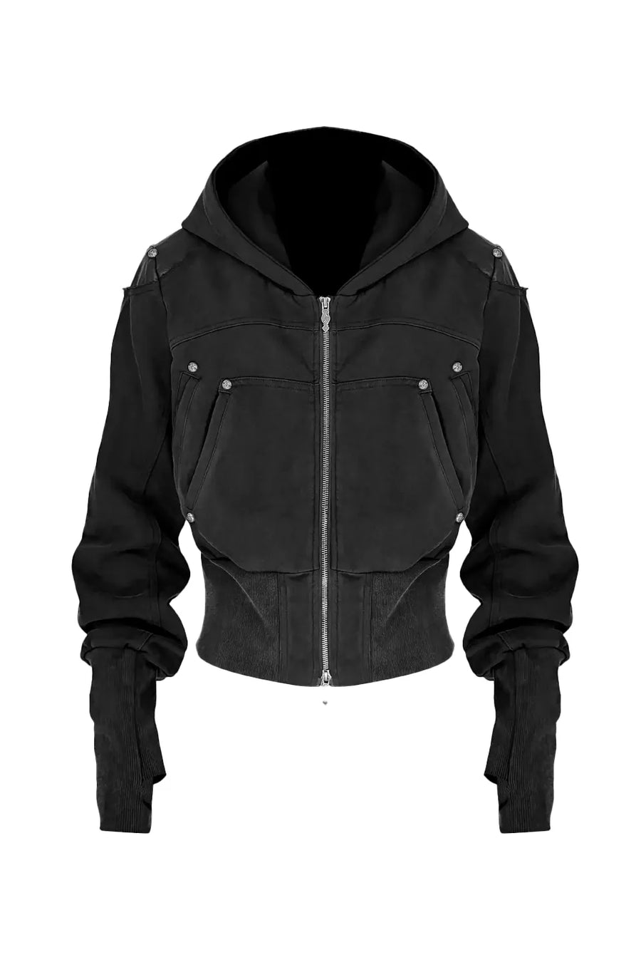 Washed Leatherette Armor Shoulder Zip Hoodie