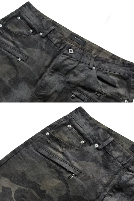 Wax Coated Camo Distressed Jeans