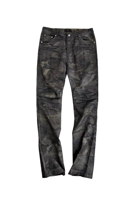 Wax Coated Camo Distressed Jeans
