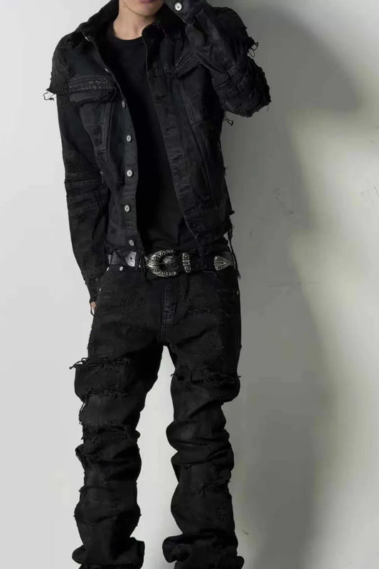 Wax Coated Destroyed Slit Denim Jacket