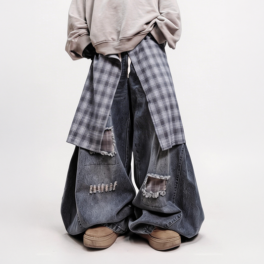 UUCSCC Distressed Layered Plaid Patch Wide-Leg Jeans