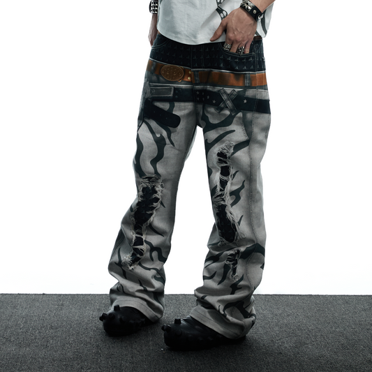 DND4DES Distressed Print Double-Waist Flare Jeans White