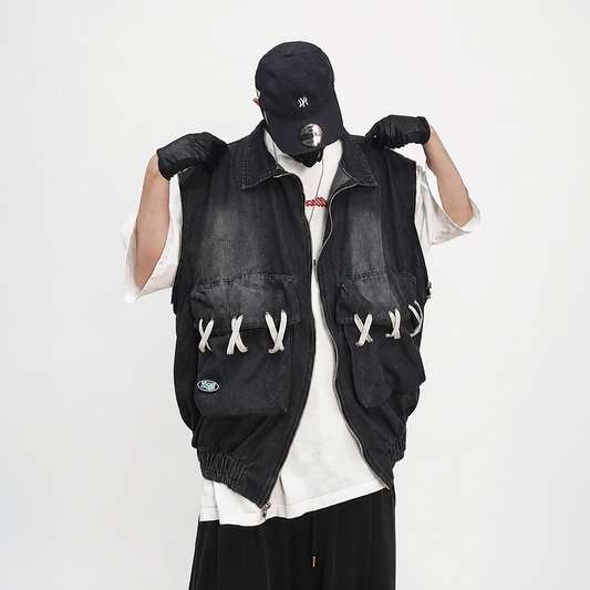 UUCSCC Retro Detachable-Sleeve Multi-Pocket Denim Jacket