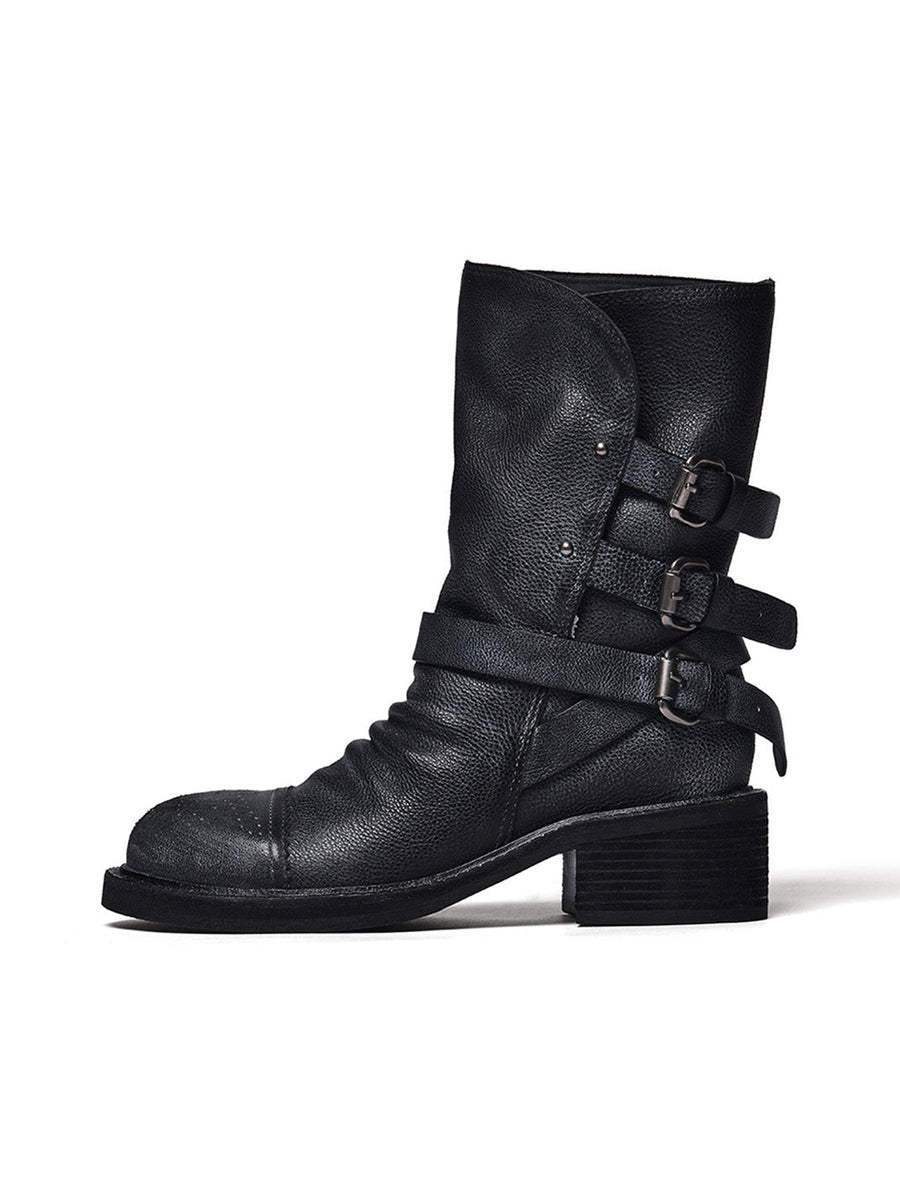 Distressed Triple-Buckle Ankle Boots