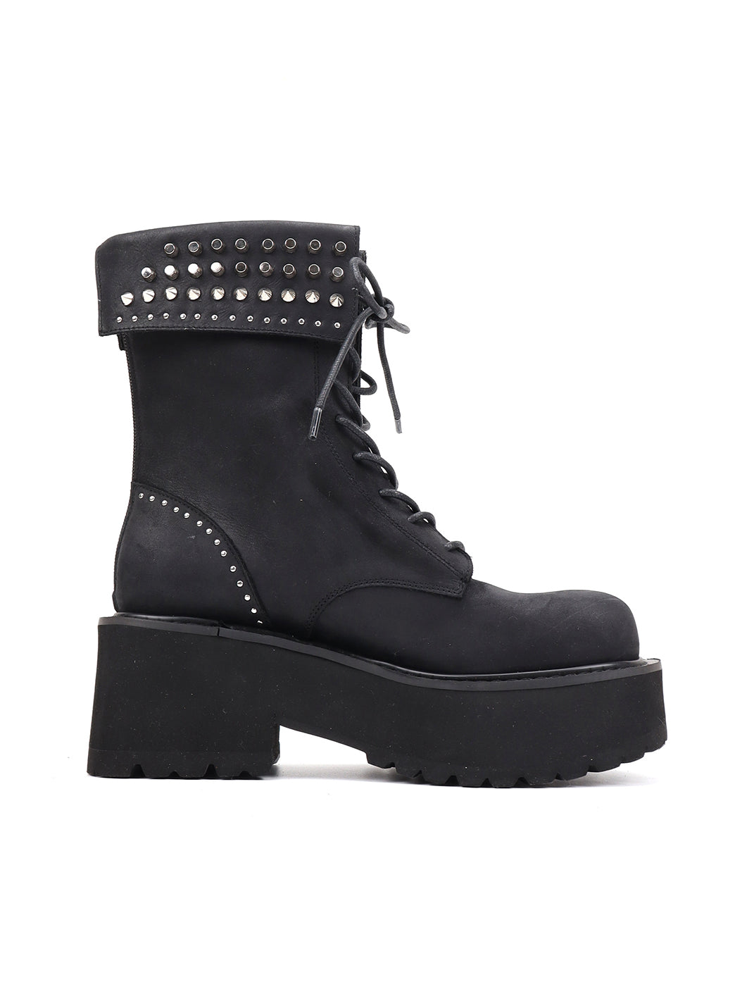 Studded-Cuff Distressed Leather Combat Boots