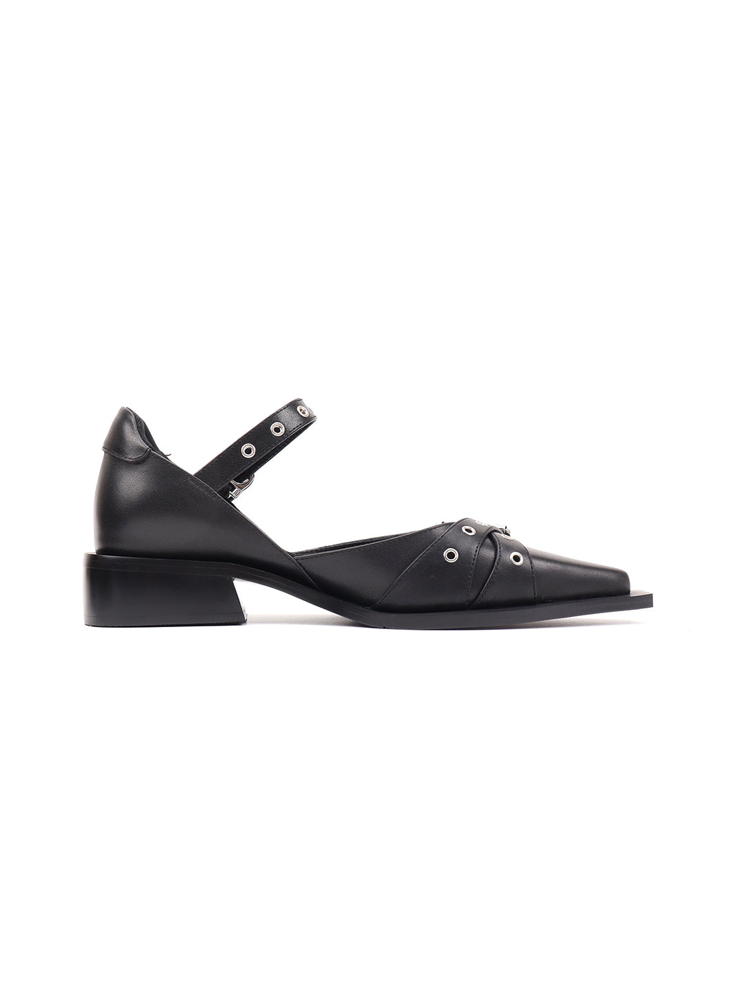 Black Buckle-Strap Pointed Mary Jane Flats
