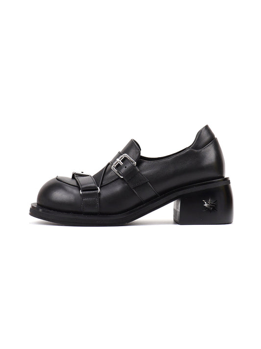 Black Double-Buckle Block-Heel Loafers