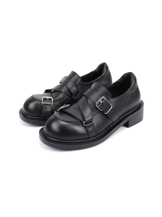 Black Double-Buckle Block-Heel Loafers