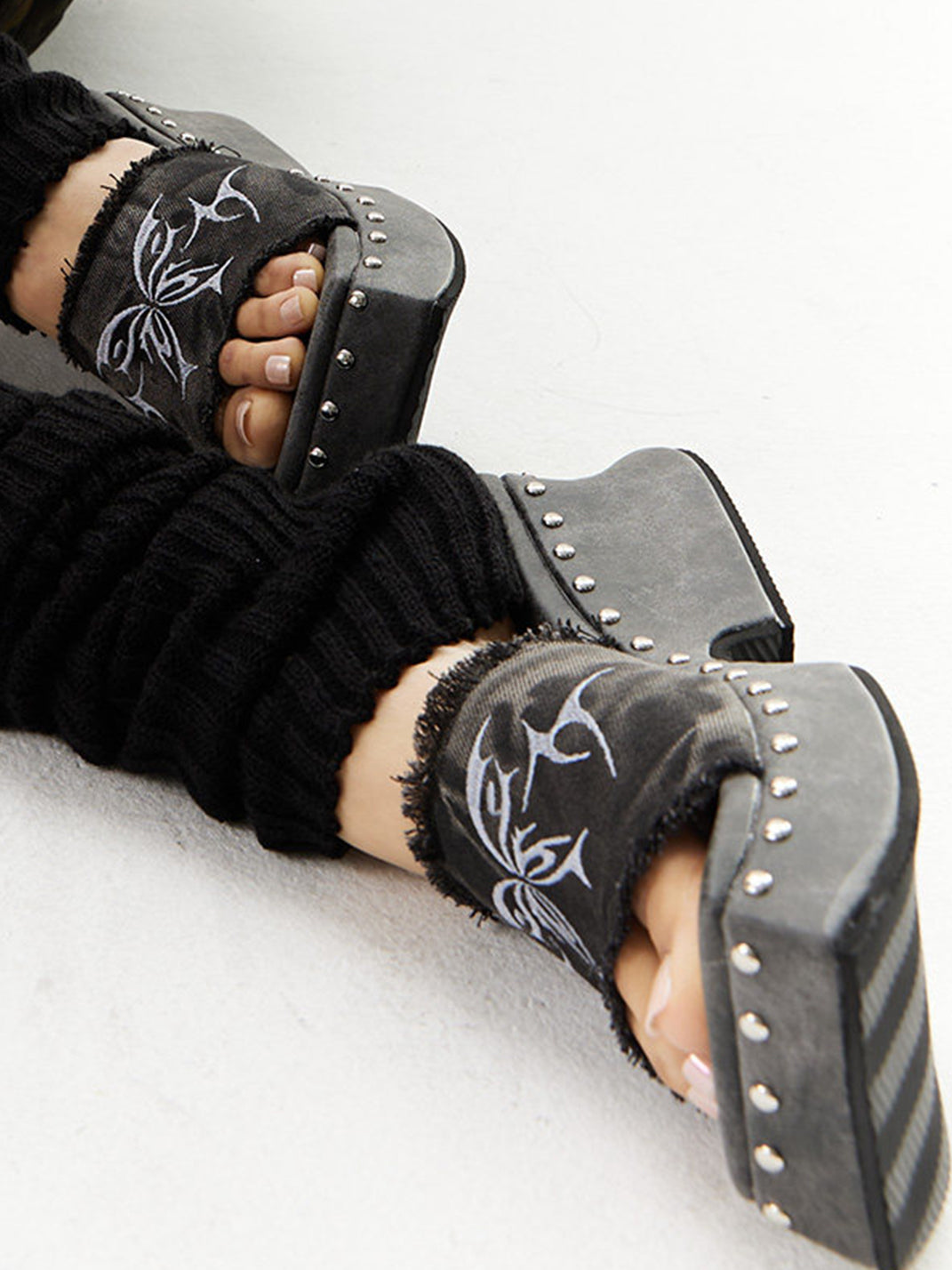 Black Embroidered Butterfly Platform Mules
