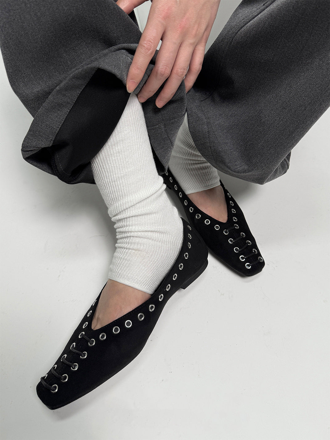 Black Eyelet-Trim Square-Toe Ballet Flats