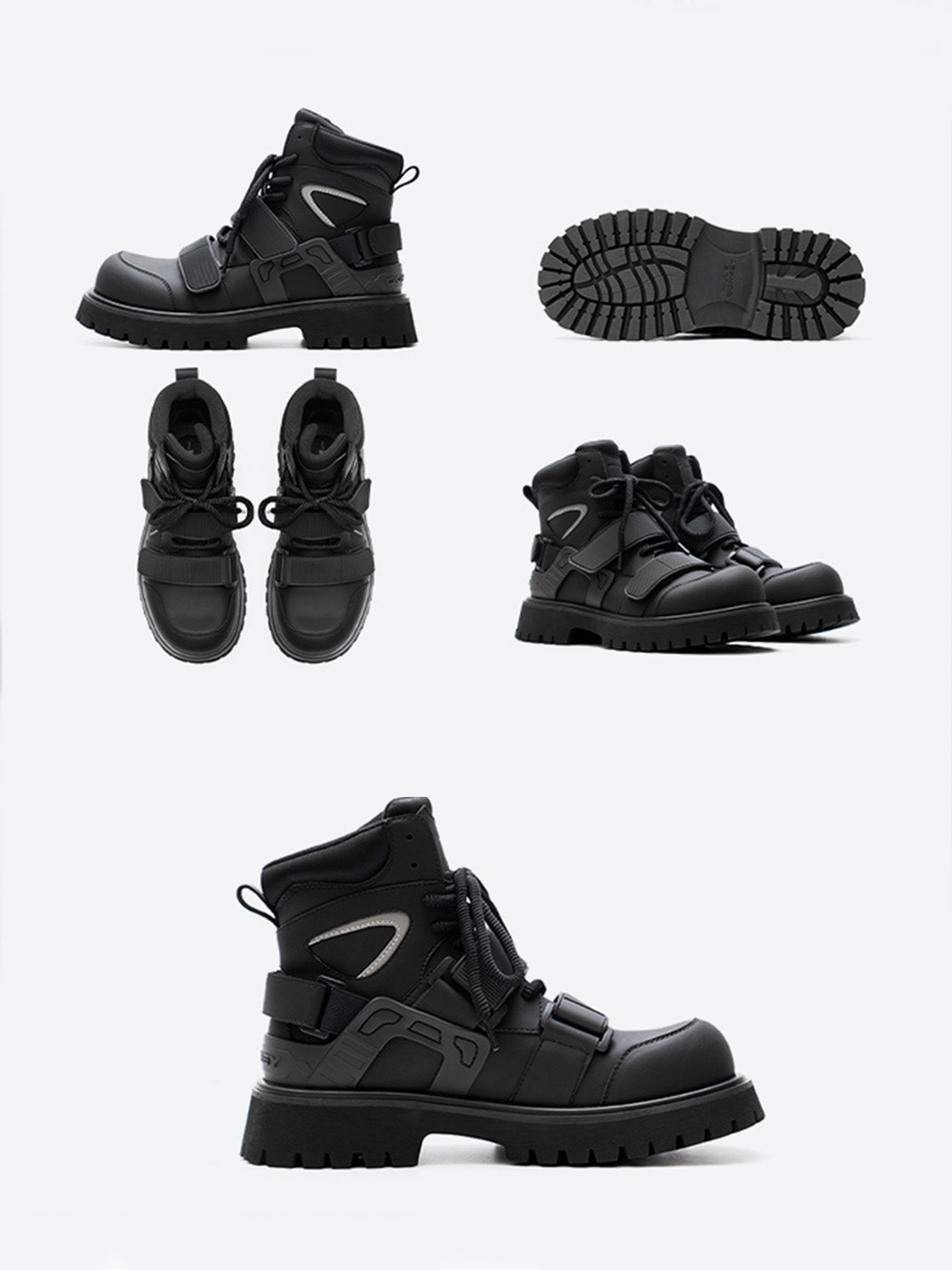 Black Velcro-Strap Lug-Sole Moto Boots