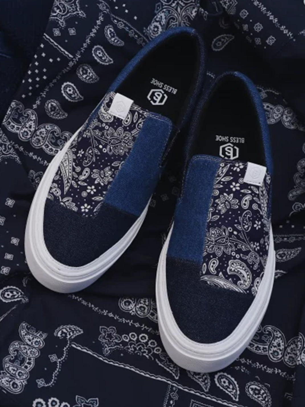 Blue Paisley Patchwork Slip-On Sneakers