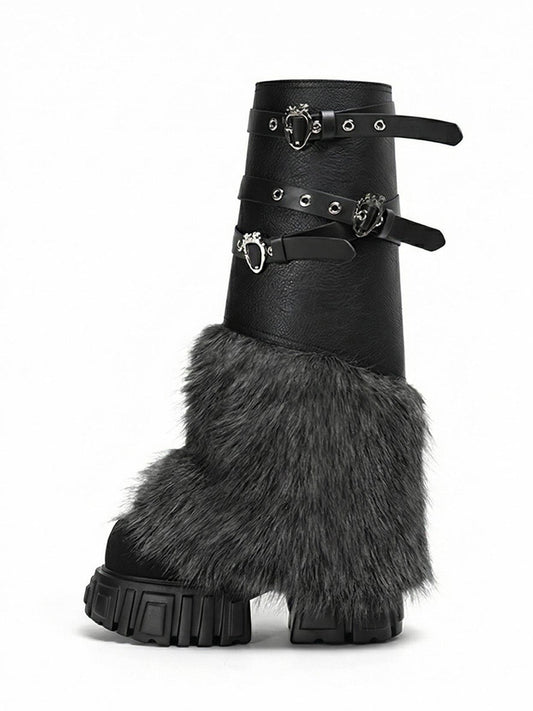 Buckle-Strap Faux-Fur Platform Calf Boots