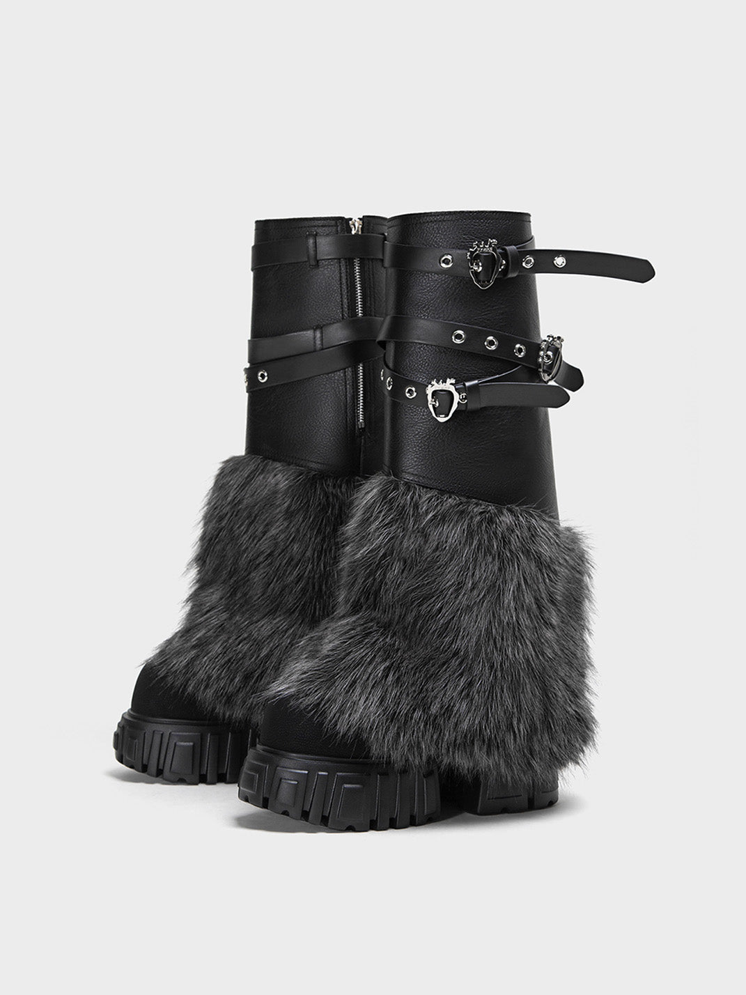 Buckle-Strap Faux-Fur Platform Calf Boots
