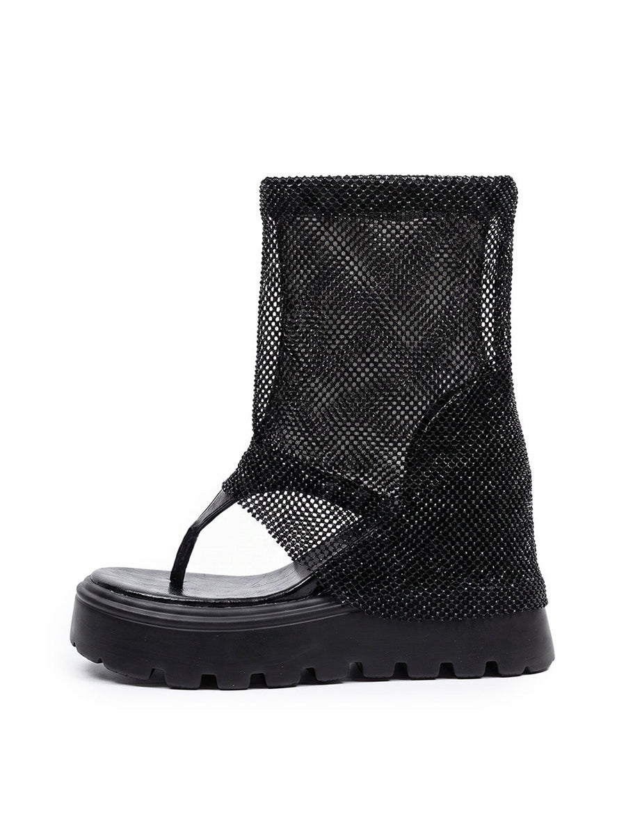 Rhinestone Mesh Platform Knee-High Sandal Boots