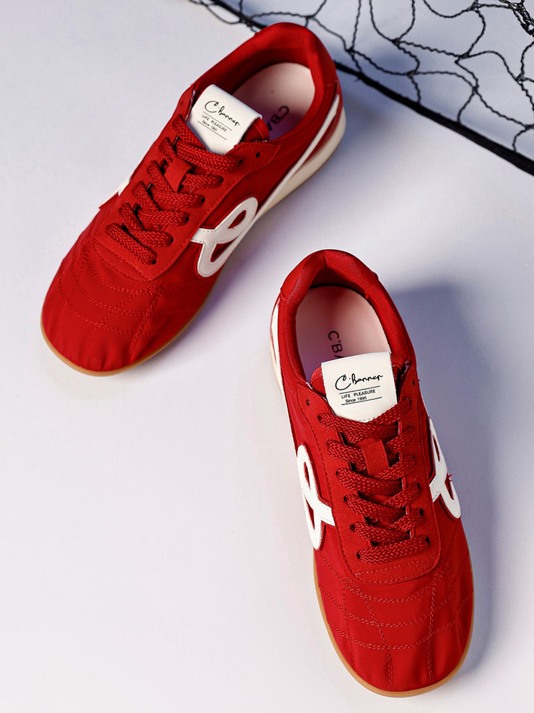 Crimson Quilted-Panel Gum-Sole Sneakers